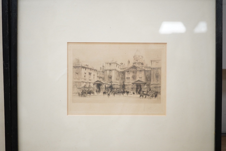 William Walcot RE (Scottish, 1874-1943), two etchings, comprising 'The Reconstruction of Piccadilly' and 'Charing Cross, Newcastle, Doges Palace', each signed in pencil, largest 15 x 21cm. Condition - fair